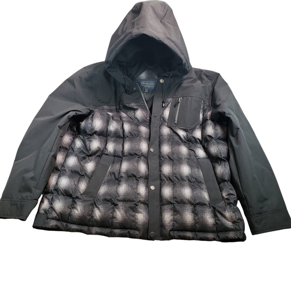 Pendleton Men's Puffer Jacket Plaid‎ Down Fill Hooded Black Gray Size XXL